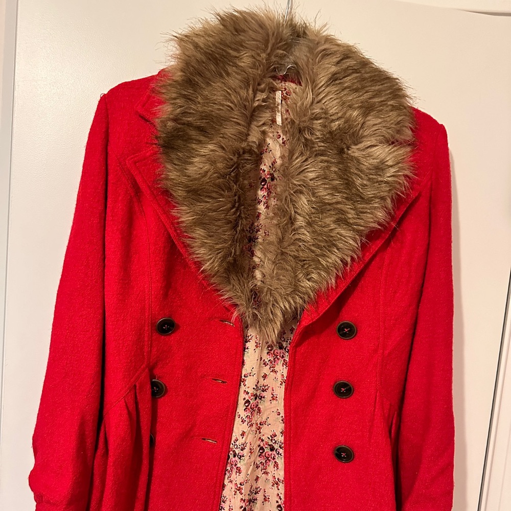 Red Pea Coat with detachable Faux Fur Collar